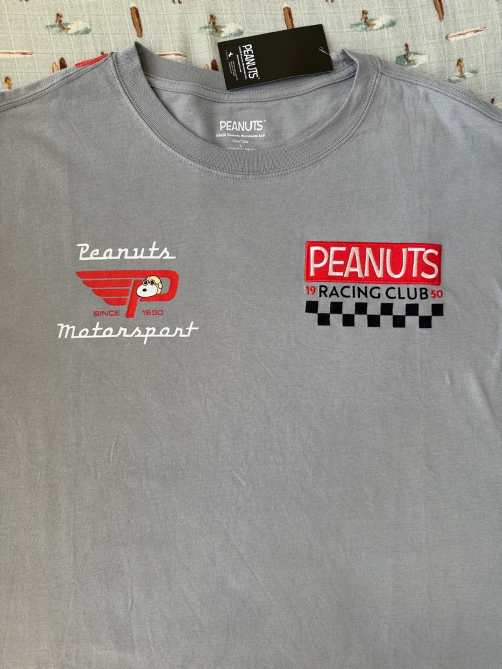 Peanuts Gray Short Sleeve Racing Club Tee with Red Logos 100% cotton